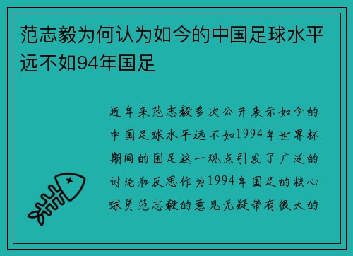范志毅为何认为如今的中国足球水平远不如94年国足