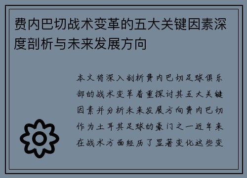 费内巴切战术变革的五大关键因素深度剖析与未来发展方向