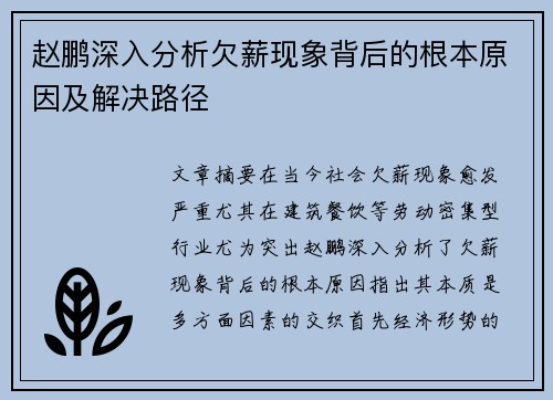 赵鹏深入分析欠薪现象背后的根本原因及解决路径